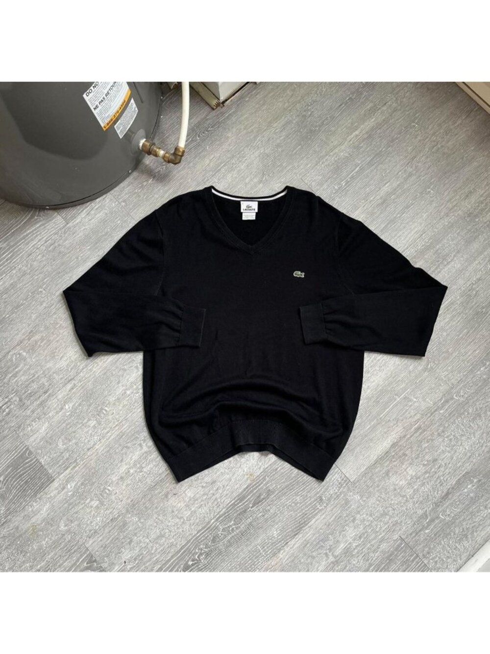 Black Lacoste Pullover V-Neck Embroidered Logo Knit Sweater
